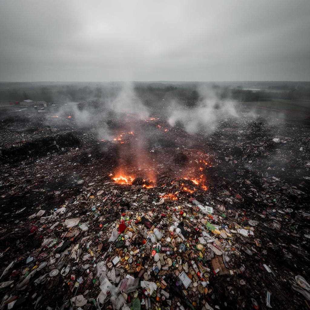 Aerial view of a landfill with food waste and rising methane haze