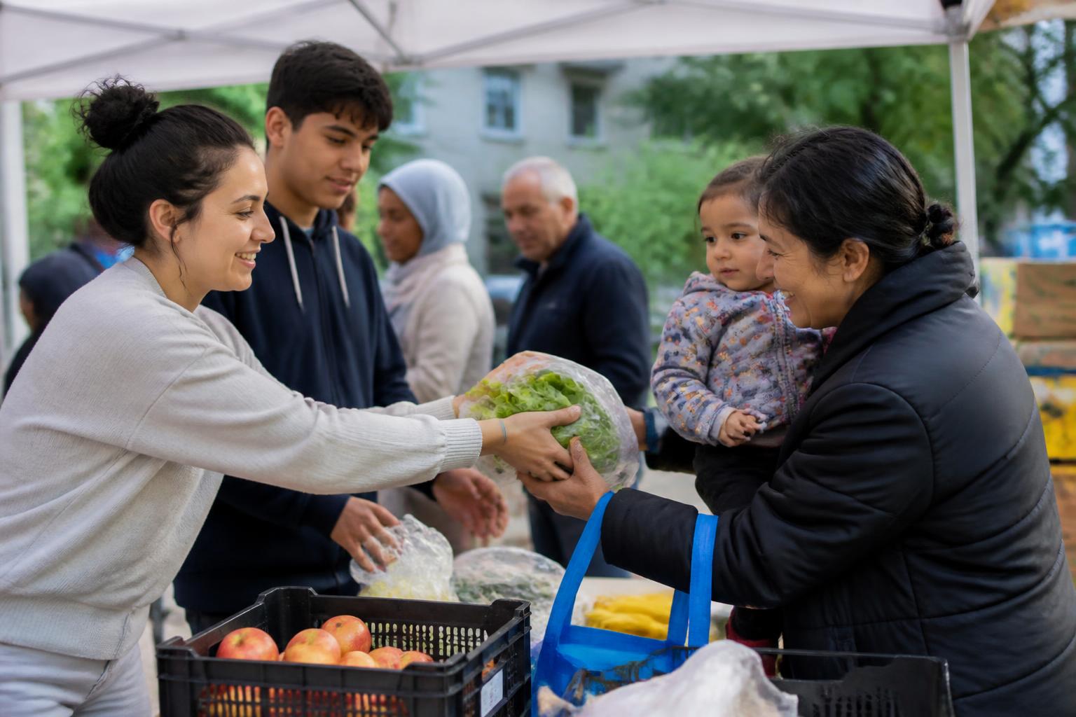 Volunteers and local partners supporting a family art and food recovery gathering
