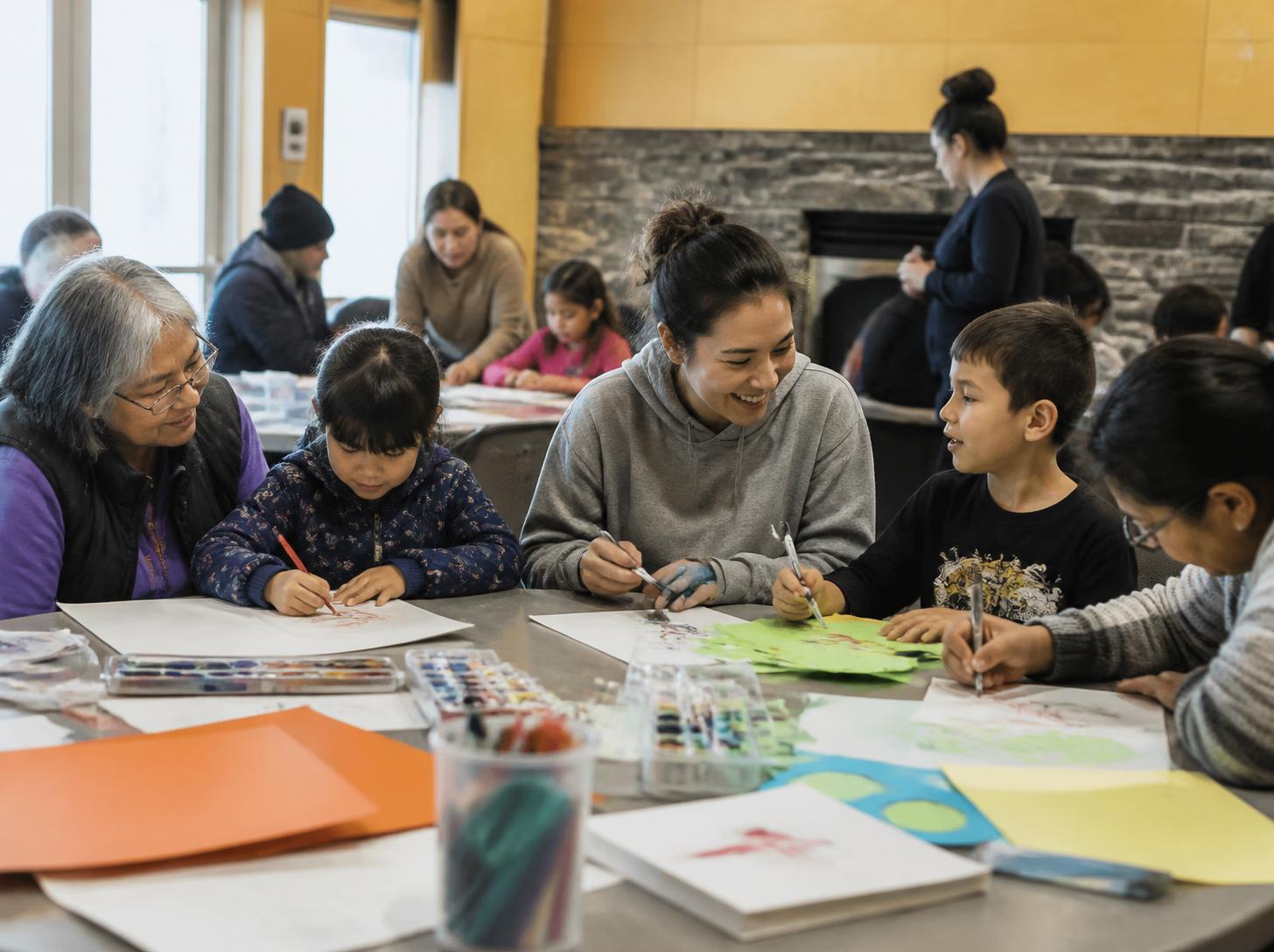 Children and caregivers creating art together in a warm, inclusive community room