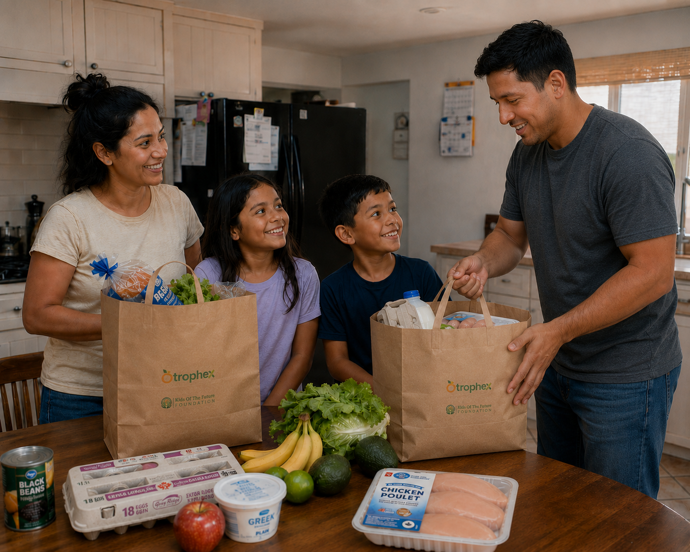 A family sharing a fresh meal at a kitchen table