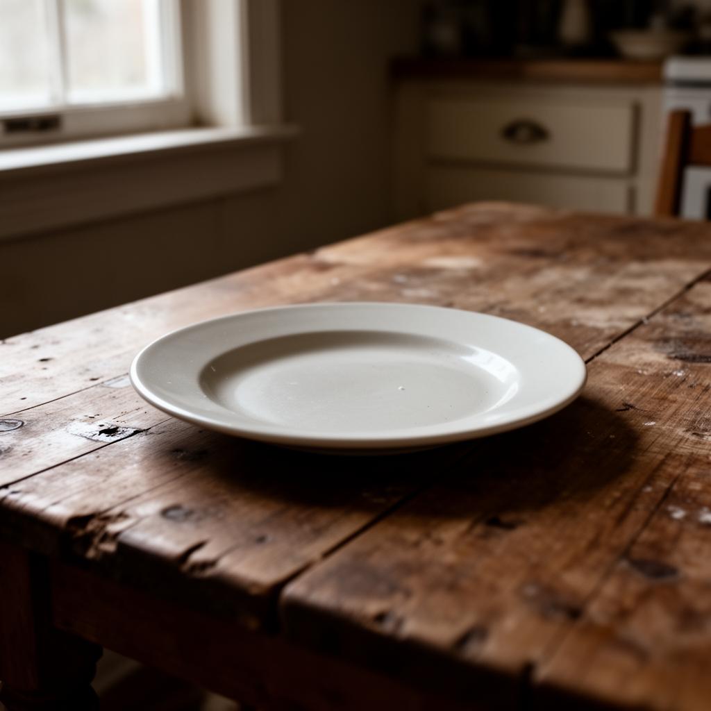 An empty dinner plate on a worn wooden family kitchen table